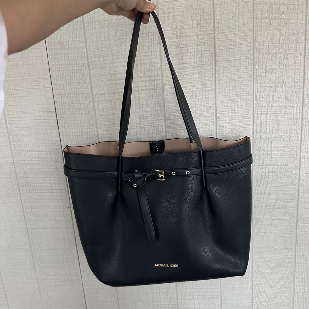Michael Kors Women's Emilia Large East West Tote Black Gold Hardware Leather